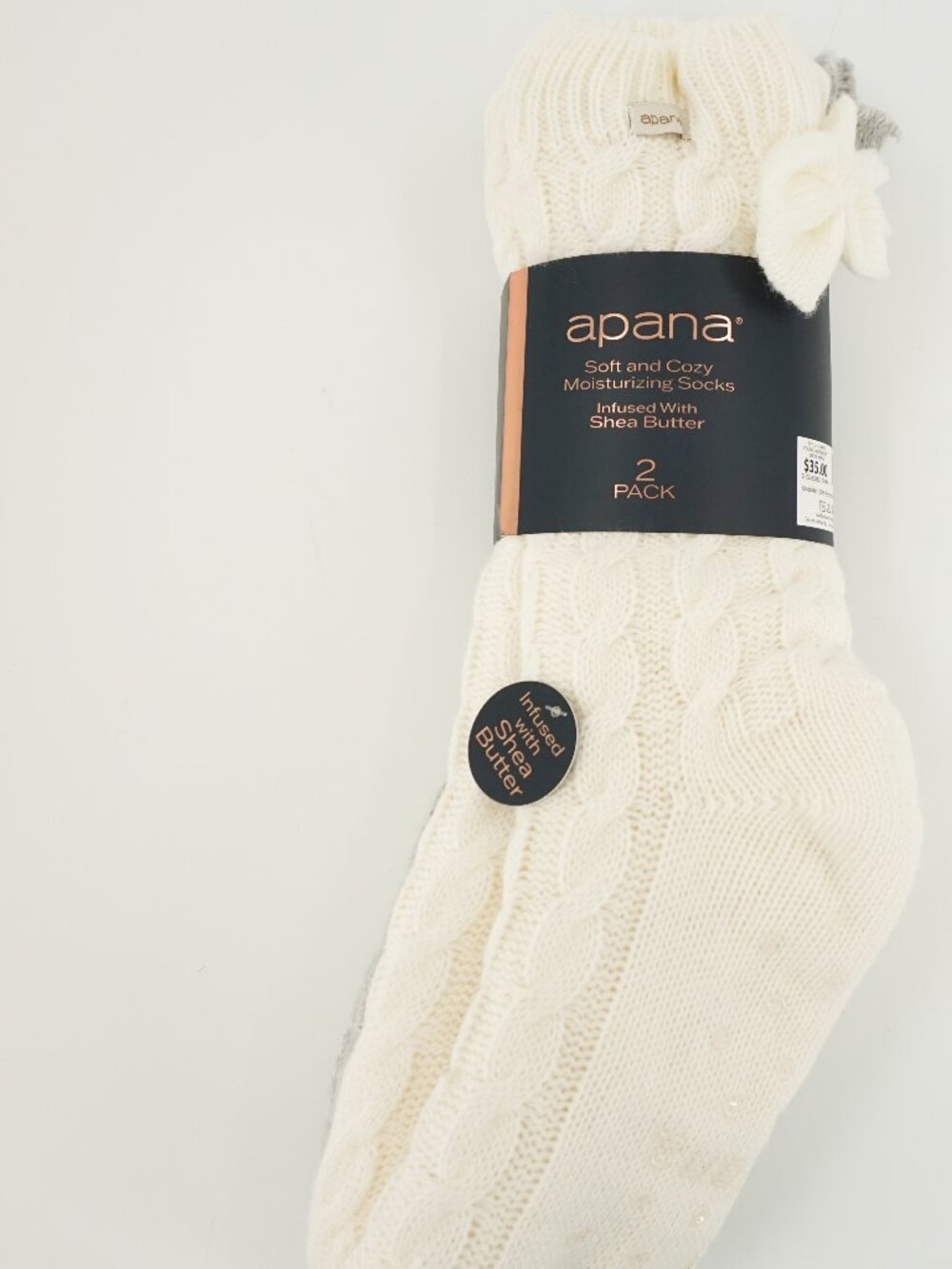 Apana Moisturizing Socks Shea Butter 2 Pack Lounge Socks With Bows OS